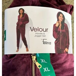NWT Felina Womens Velour Hoodie Jogger Set Burgundy Wine 2-Piece Lounge Set XL